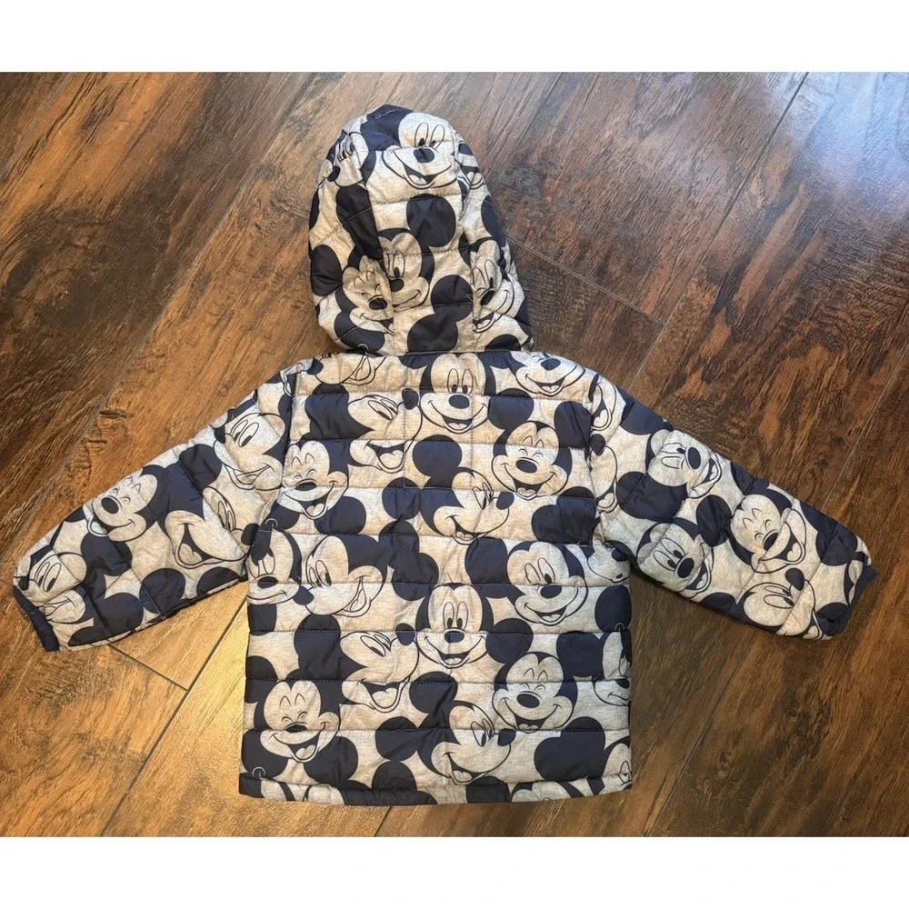 Baby Gap Disney Mickey Mouse Puffer Jacket 18-24 Months Grey Navy Hooded Winter